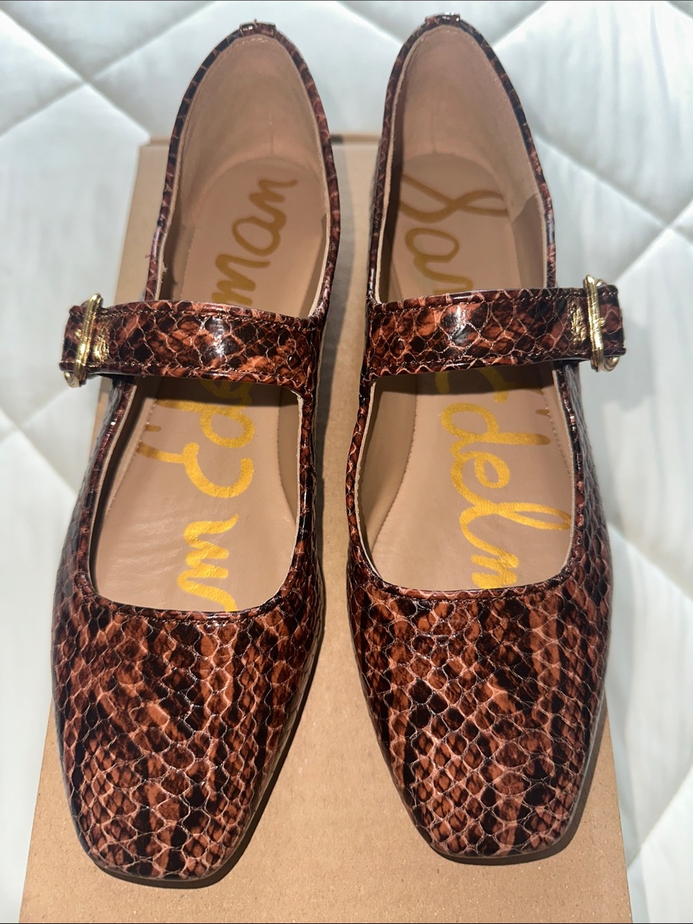 Sam Edelman Brown Snake-Print Mary Jane Flats with Gold Buckle